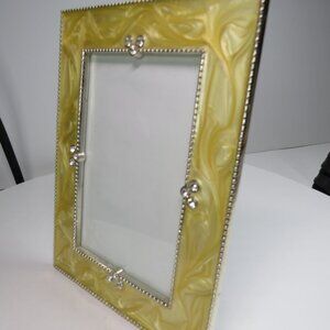 Marbled Cream Yellow Enamel METAL & Silver  Picture Frame w Rhinestone accents